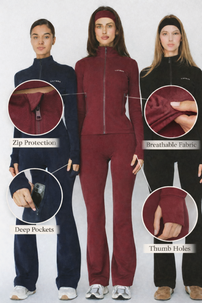 Layere organic cotton activewear set showing zip protection, deep pockets, breathable fabric, and thumb holes